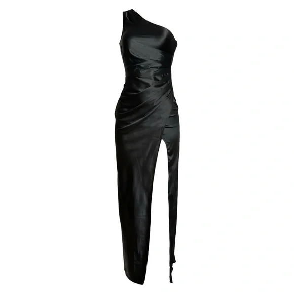 BHLDN Scottie One-Shoulder Side-Slit Stretch Satin Maxi Dress, Black, XS